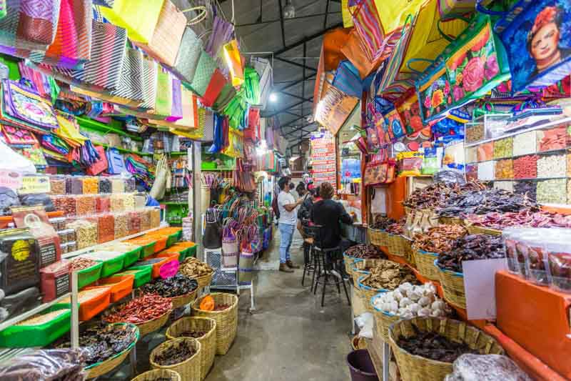 Colorful stalls inside a traditional Oaxacan market