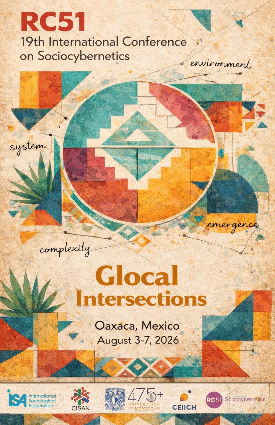 Official poster of the RC51 19th International Conference on Sociocybernetics — Glocal Intersections, Oaxaca, Mexico, August 3–7, 2026